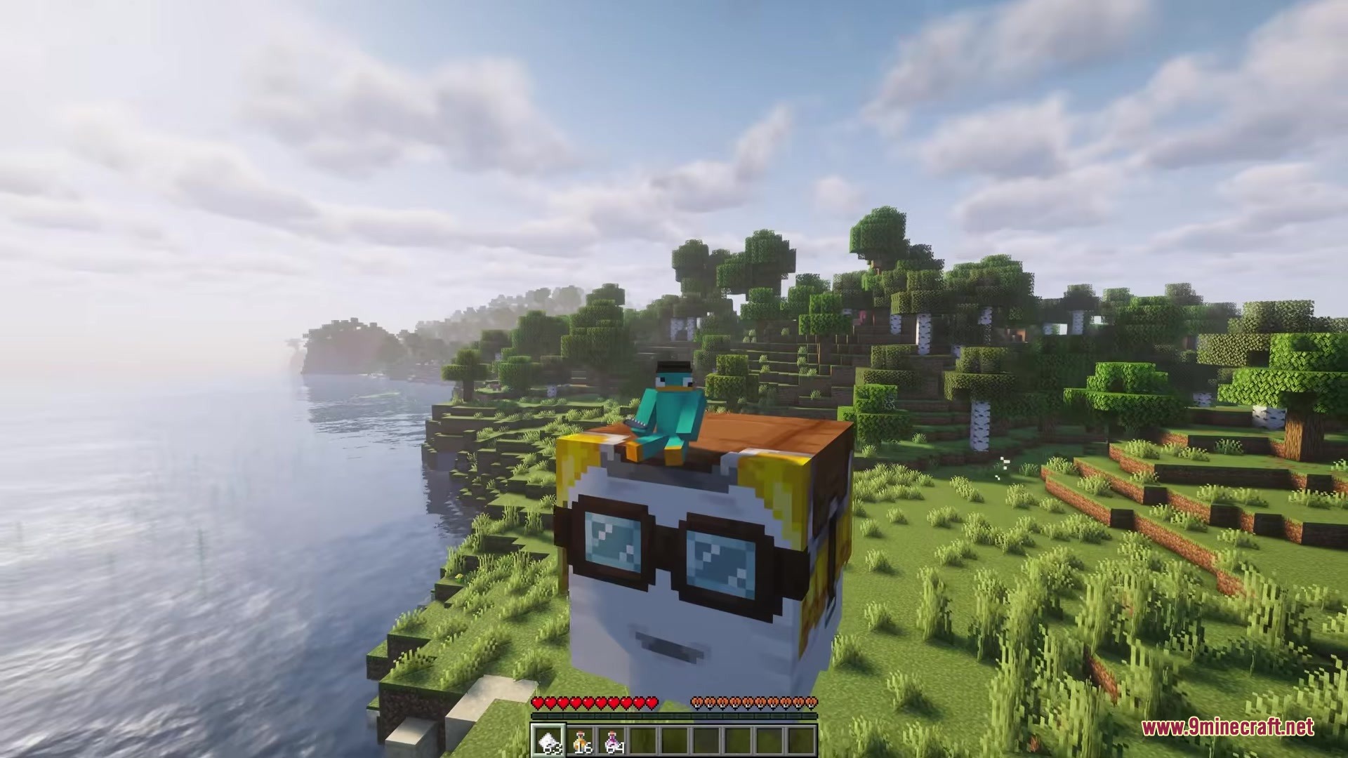 Player riding a custom ghast with goggles overlooking a scenic ocean coast
