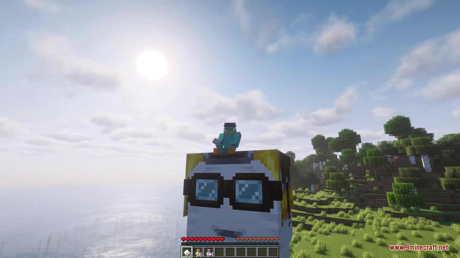 A player riding a custom ghast with Perry the Platypus on its head
