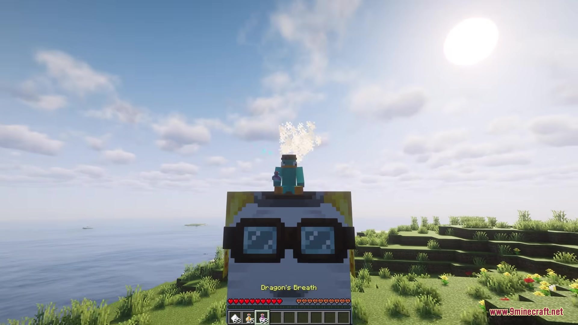 A player riding a Ghast with goggles while holding Dragon's Breath in Minecraft
