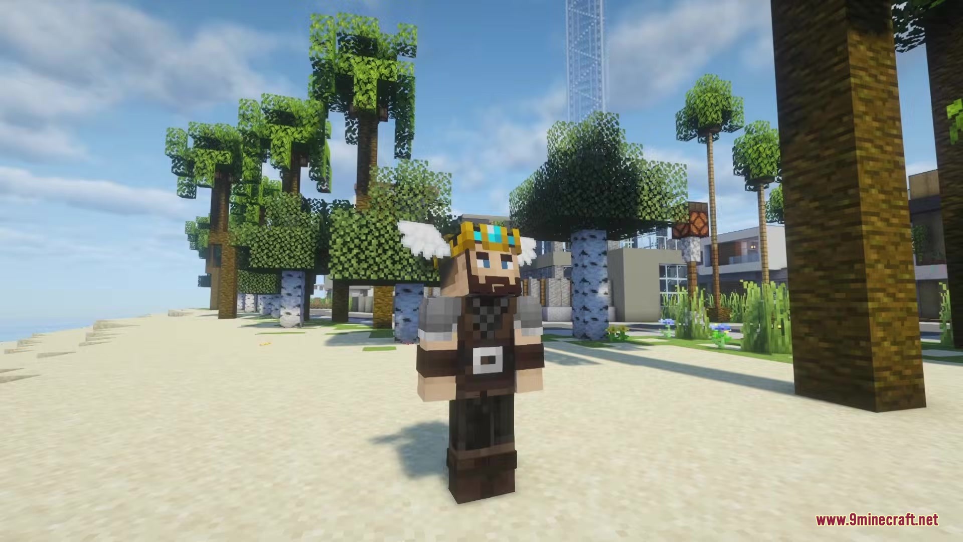 Hats Classic Mod Screenshot 1 Player character wearing a golden winged crown standing on a sunny beach