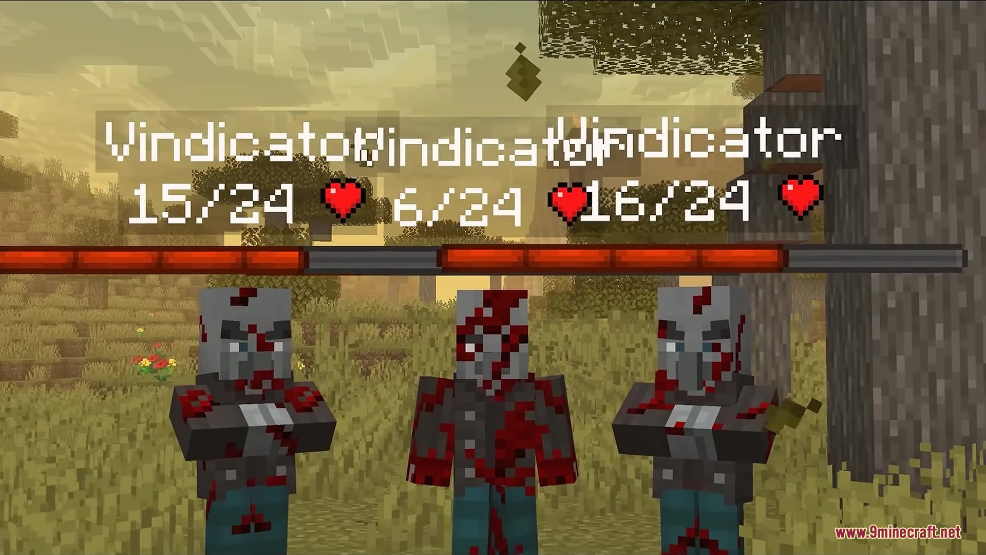 Three Vindicators with floating health bars and damage indicators in a savanna biome