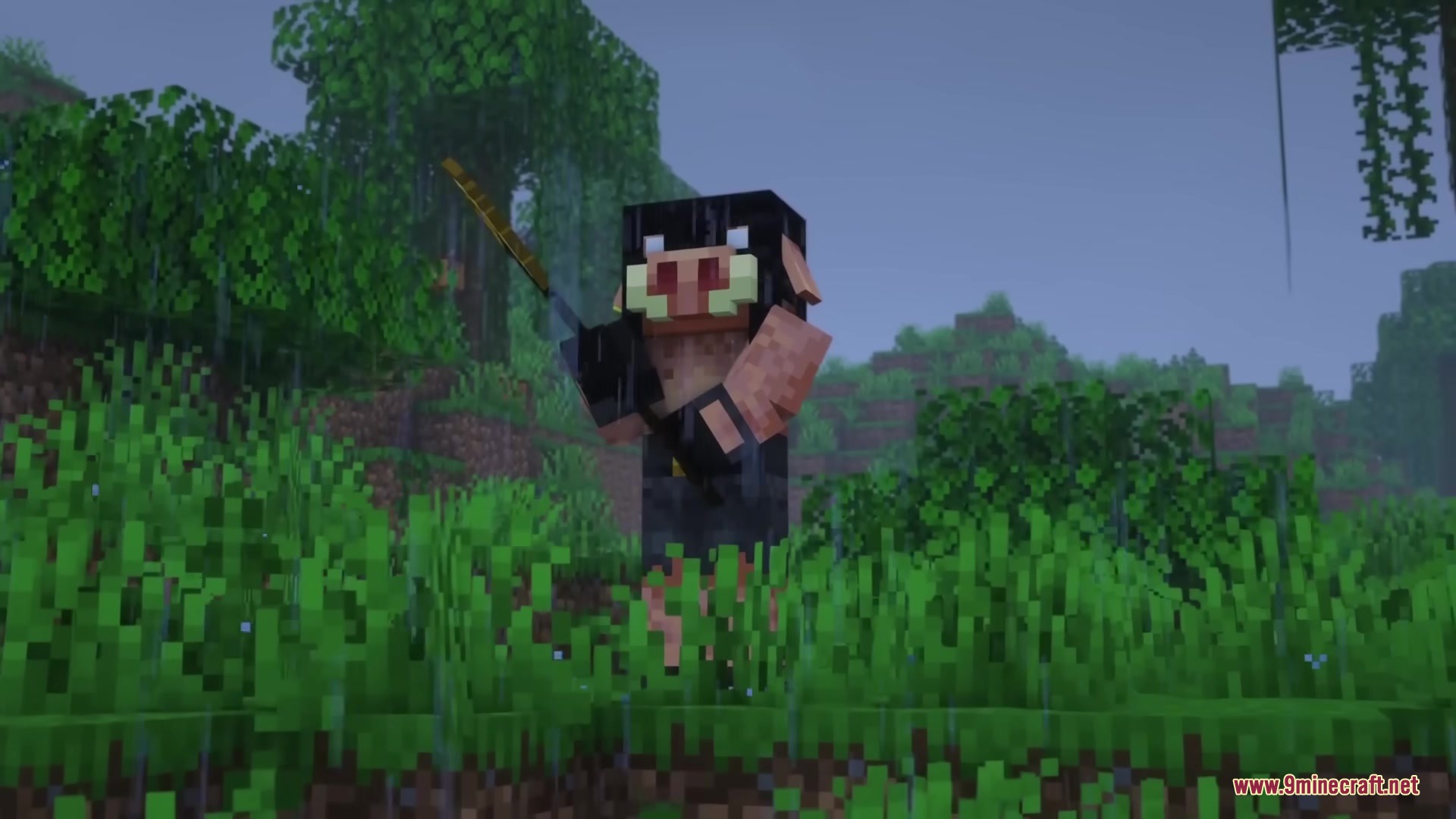 A character wearing a pig mask stands in a rainy jungle holding a sword