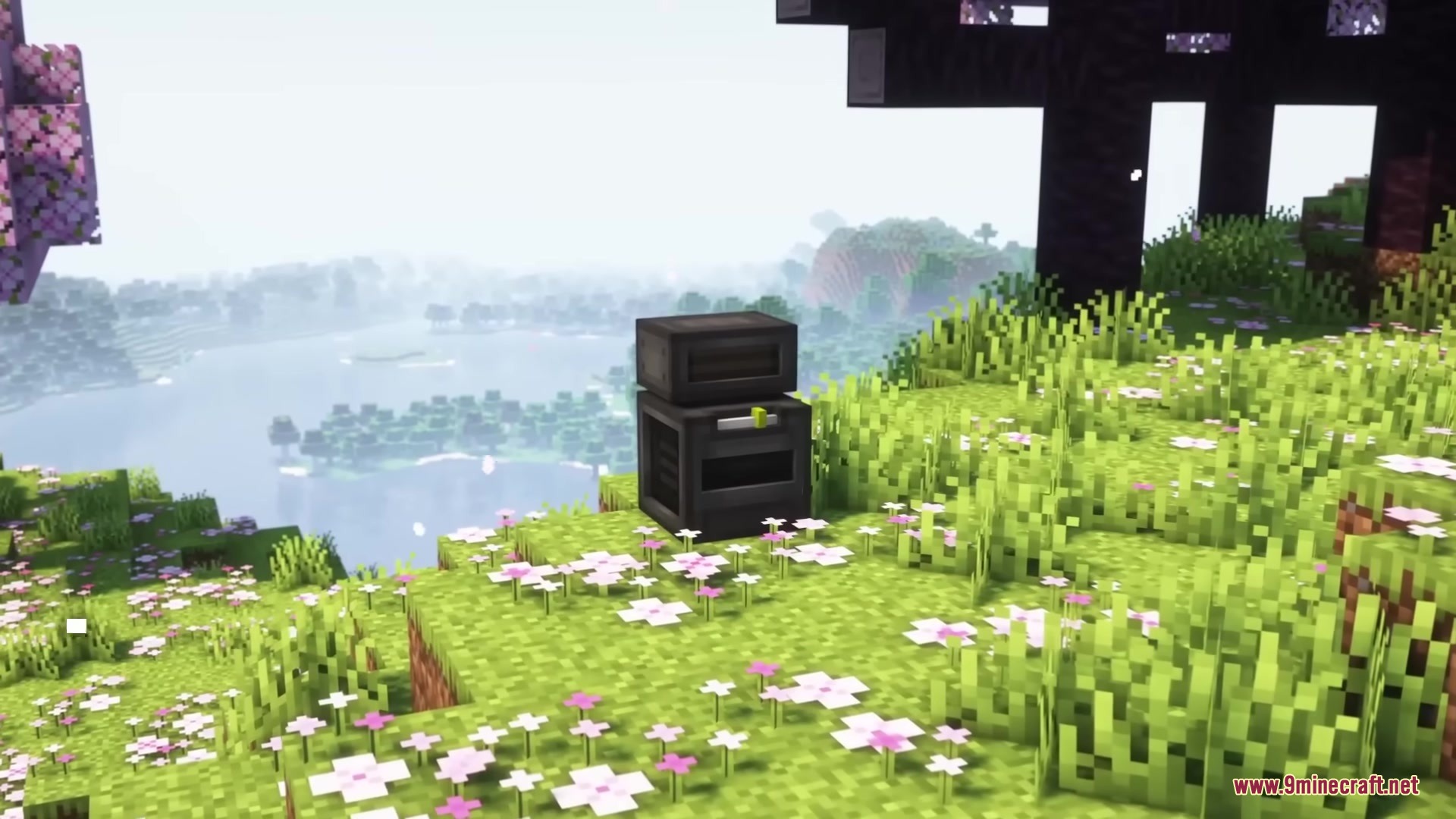 A black medical machine sits on a grassy hill with pink flowers
