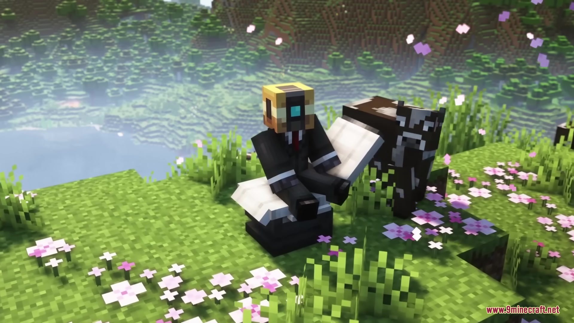 A player wearing a suit rests on a bed in a flower field
