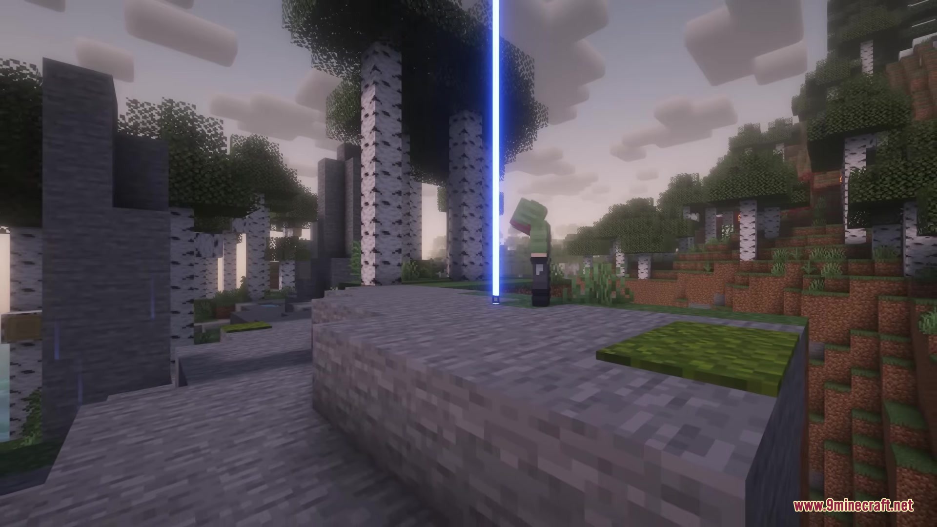 Hell Gunners Mod Screenshot 1 A player character standing next to a bright blue beam in the forest