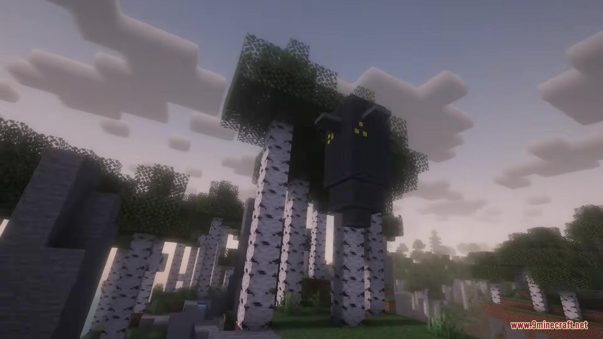 Hell Gunners Mod Screenshot 2 A black mechanical structure hanging from the leaves of a birch tree