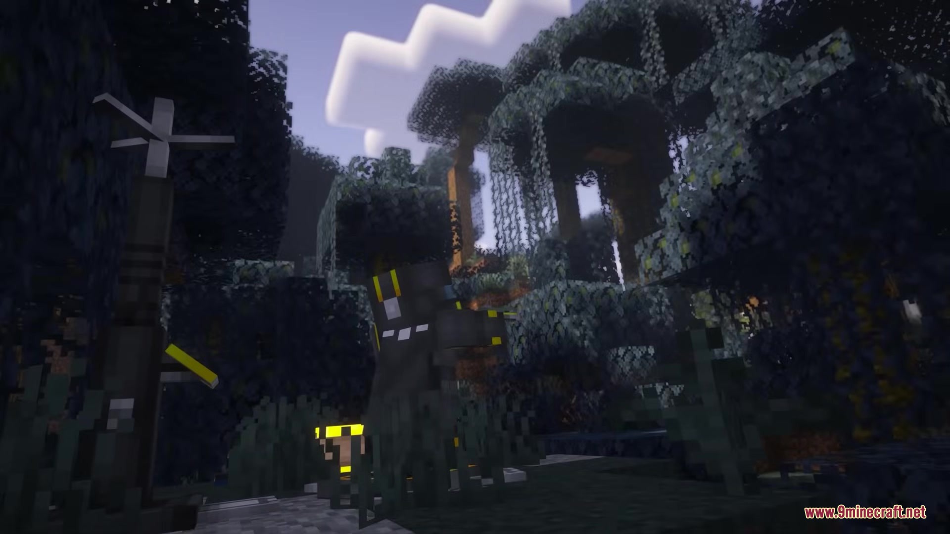 Hell Gunners Mod Screenshot 4 An automated turret with yellow lights stands in a dark jungle biome