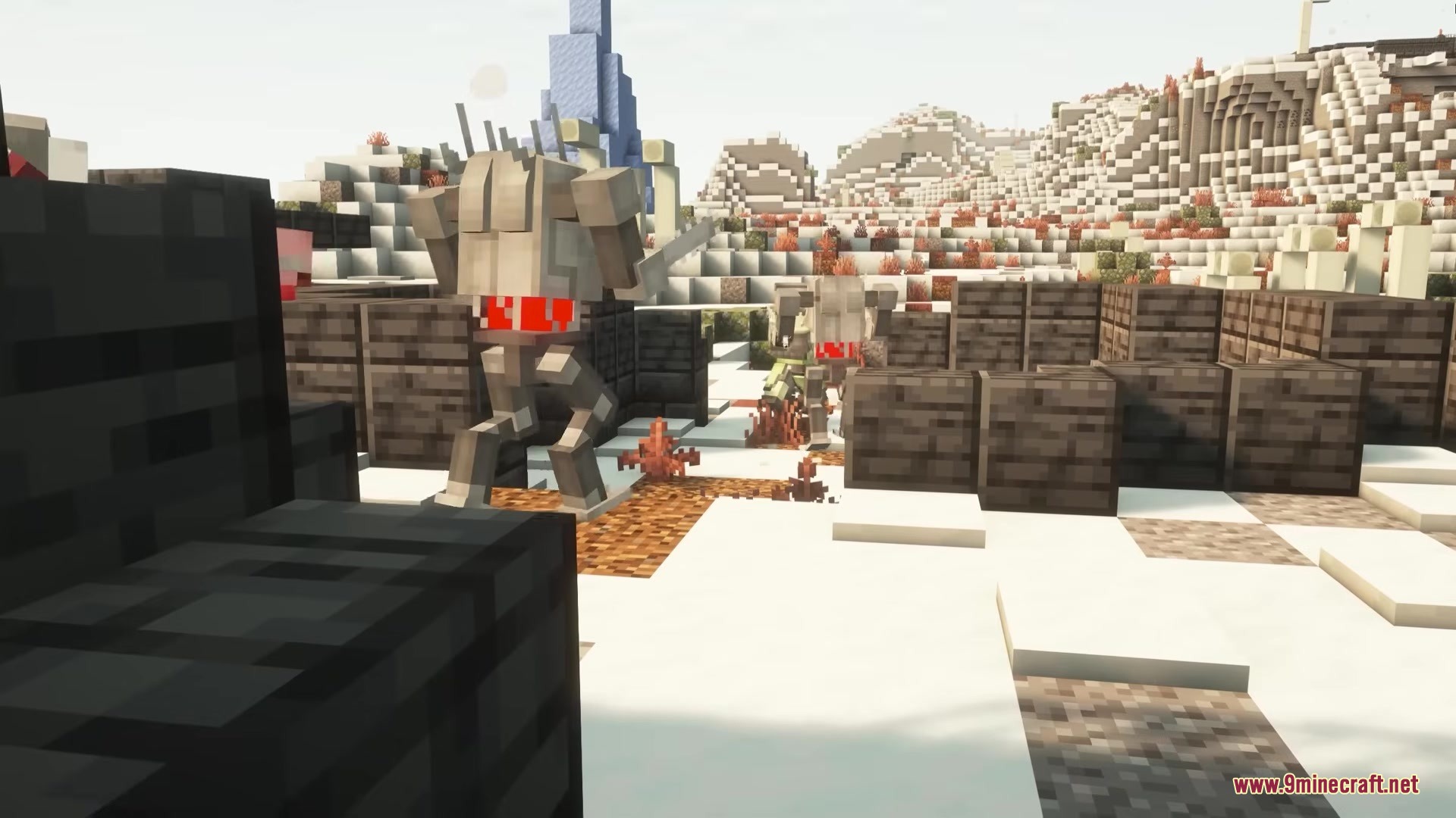 Hell Gunners Mod Screenshot 5 Two mechanical robots stand near dark structures in a snowy Minecraft landscape