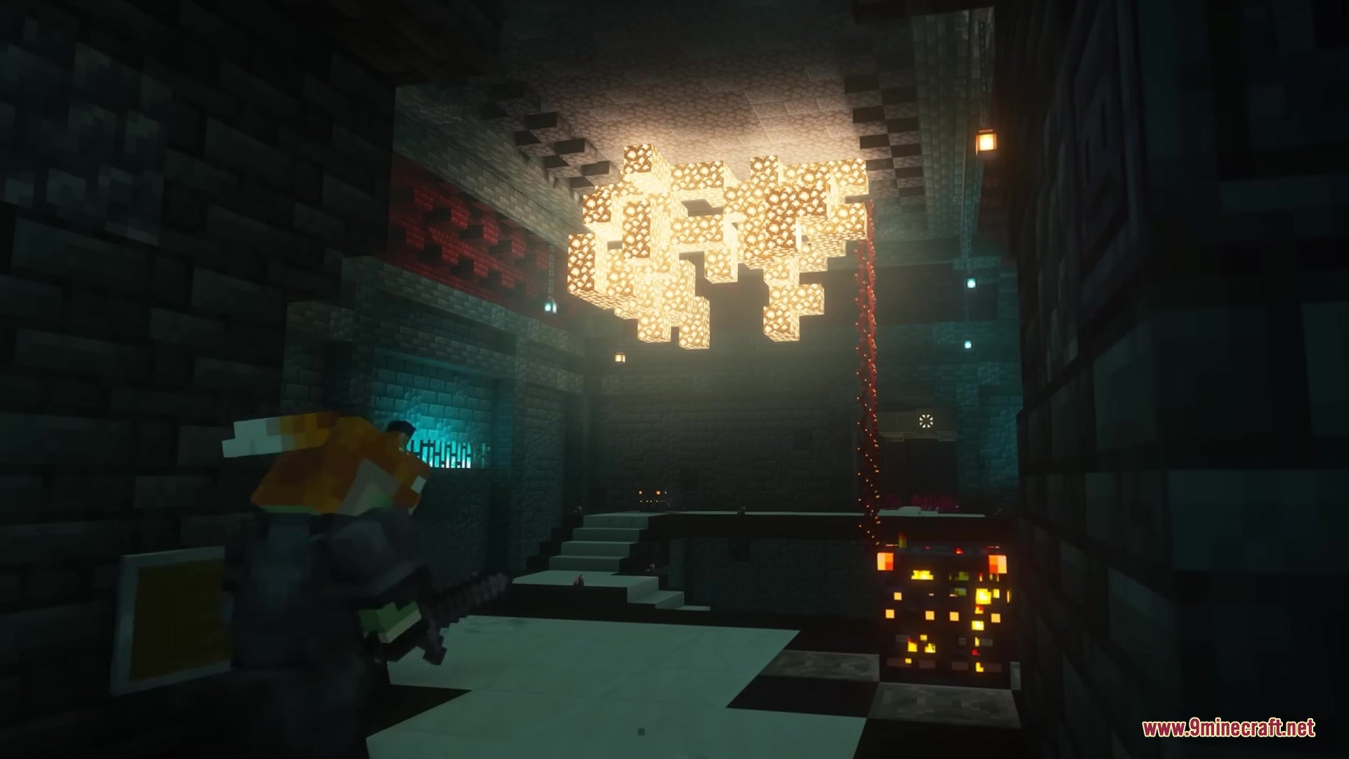 Hellish Trials Mod Screenshot 2 A player stands before a large glowing chandelier inside a dark stone dungeon