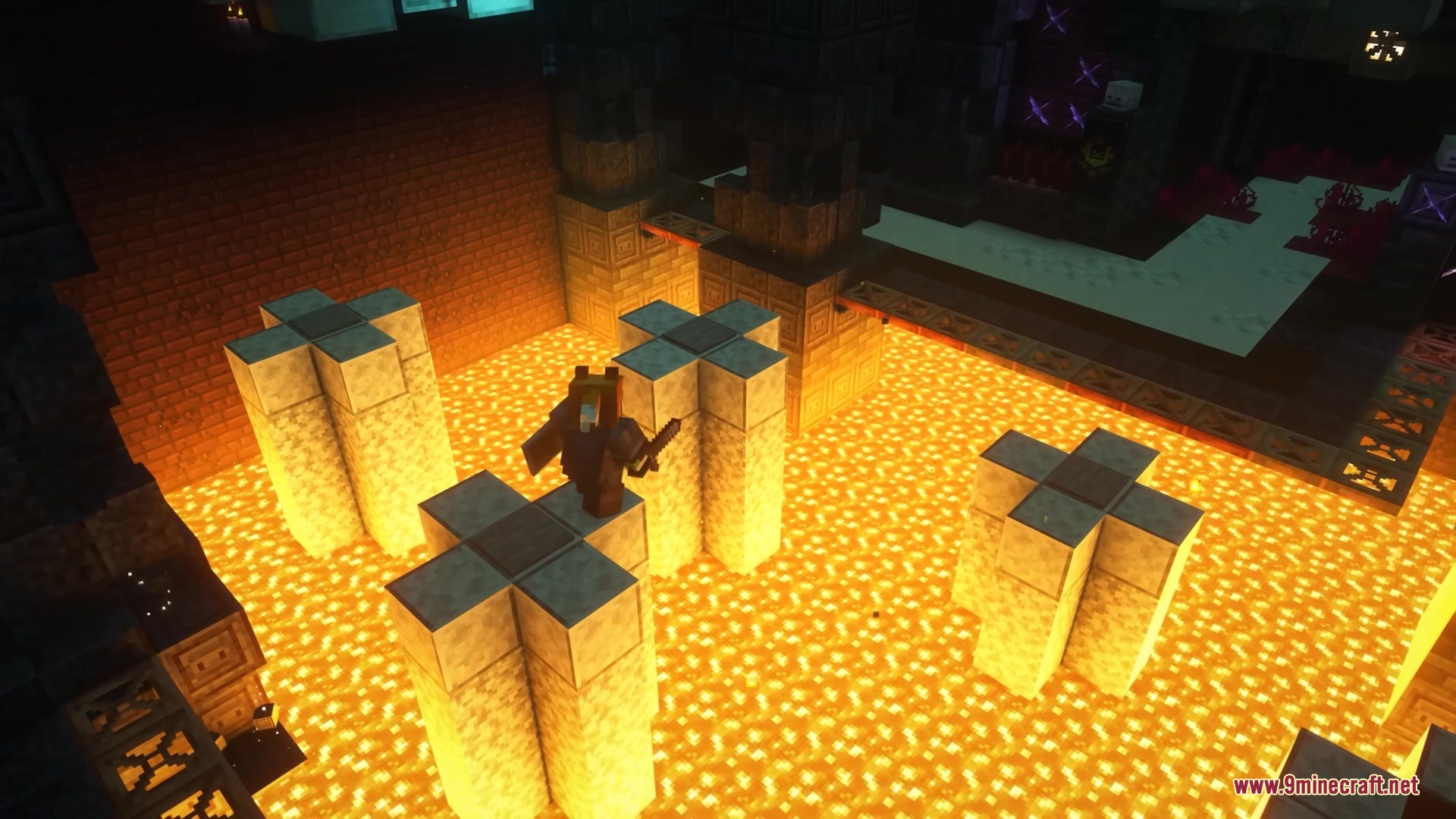 Hellish Trials Mod Screenshot 3 Player jumping across stone pillars over lava in a trial dungeon