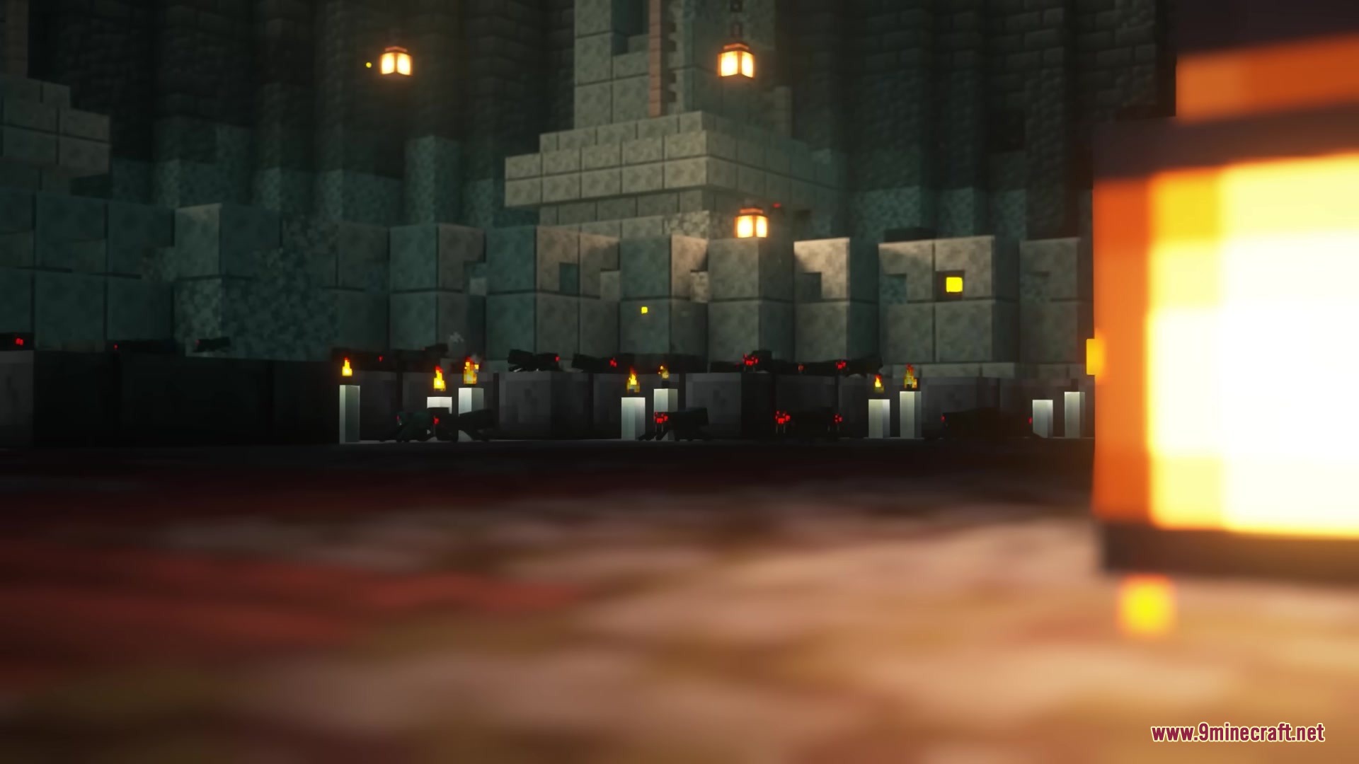 Hellish Trials Mod Screenshot 4 Dark dungeon room with lit candles and spiders on the floor
