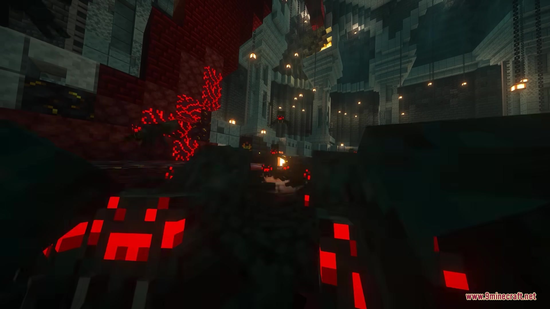 Hellish Trials Mod Screenshot 5 Red glowing spider eyes in a dark Nether dungeon with hanging lanterns