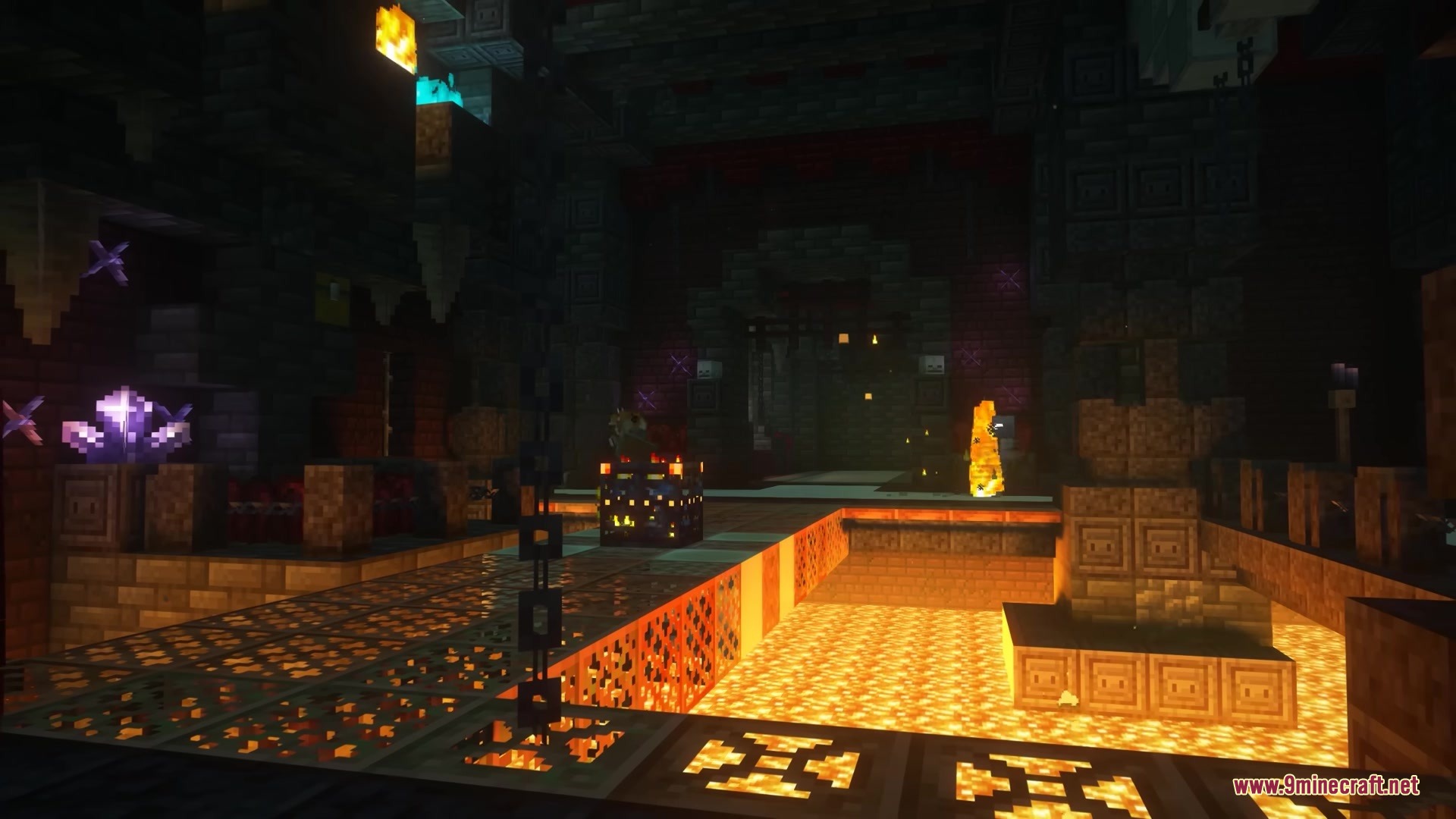 Hellish Trials Mod Screenshot 6 Trial spawner located above a lava floor in a Nether dungeon room