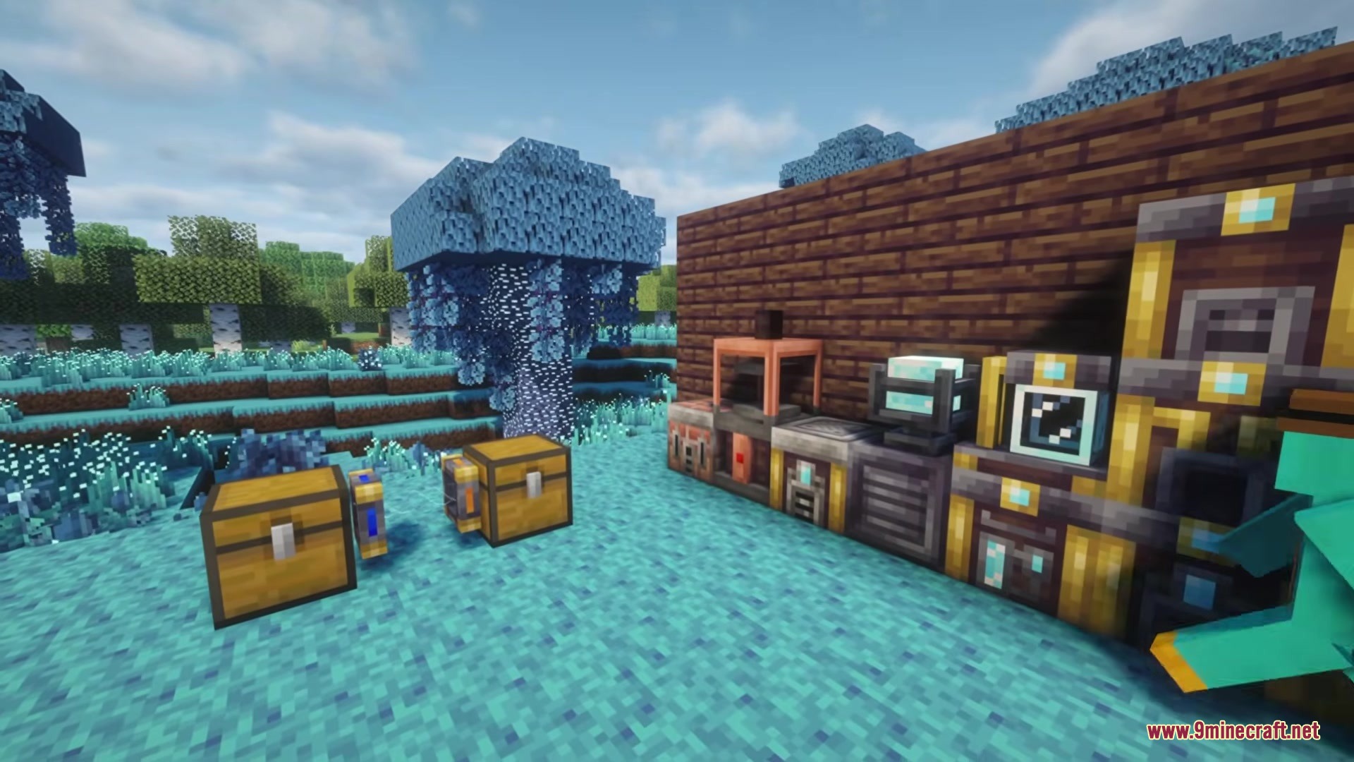 Hexforged Artifices Mod Screenshot 1 Hexforged Artifices machines connected to storage chests in a glowing blue forest biome