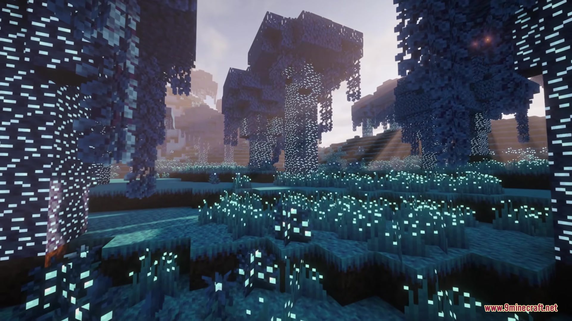 Hexforged Artifices Mod Screenshot 3 Mysterious glowing blue forest with magical trees and plants under a soft sky