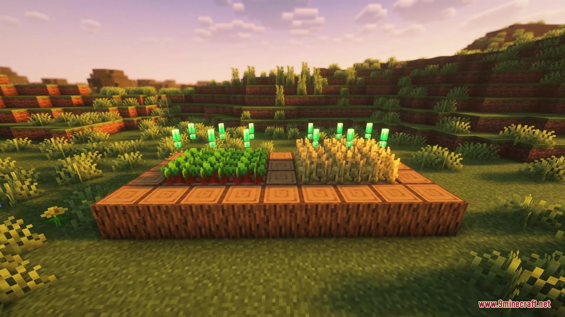 High Resolution Paintings Resource Pack Screenshot 1 A small farm with wheat and carrots surrounded by decorative wooden blocks