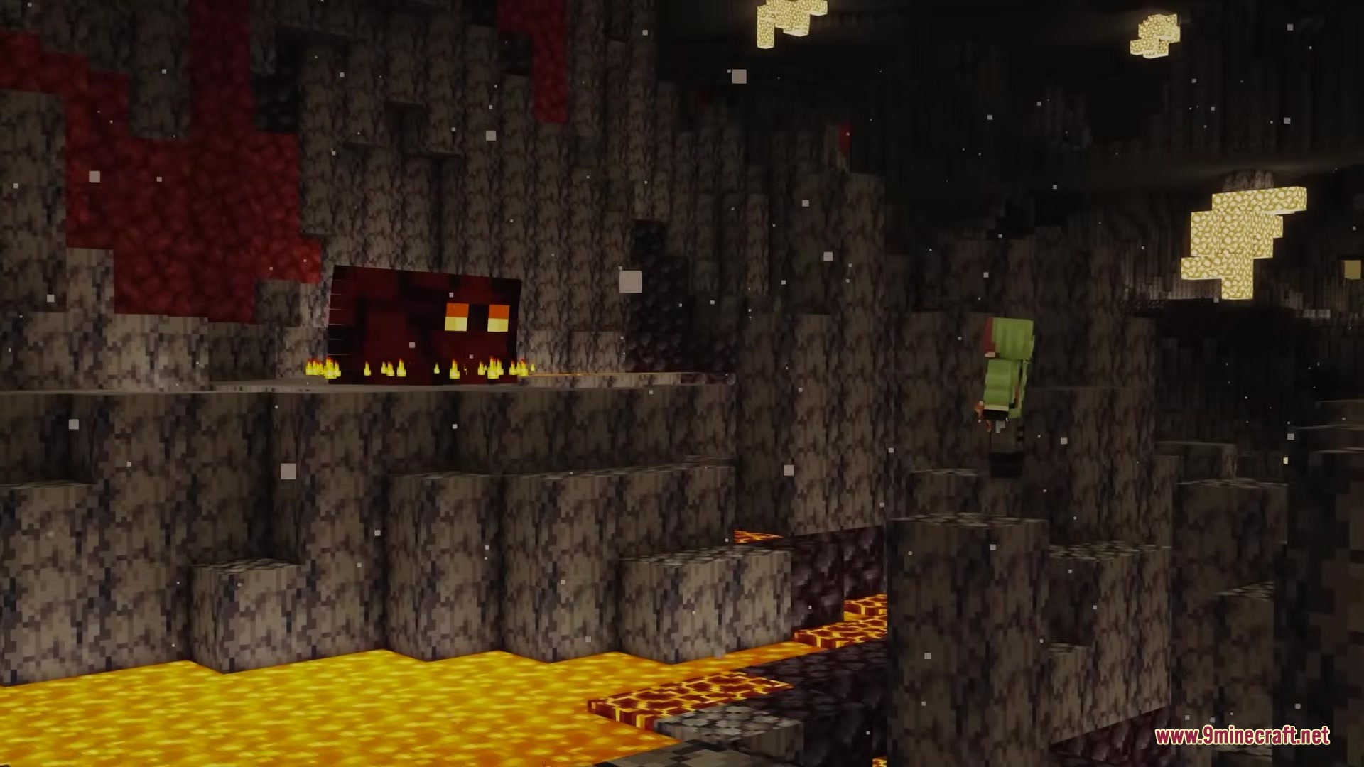 Player character holding a frog near a Magma Cube in the Basalt Deltas