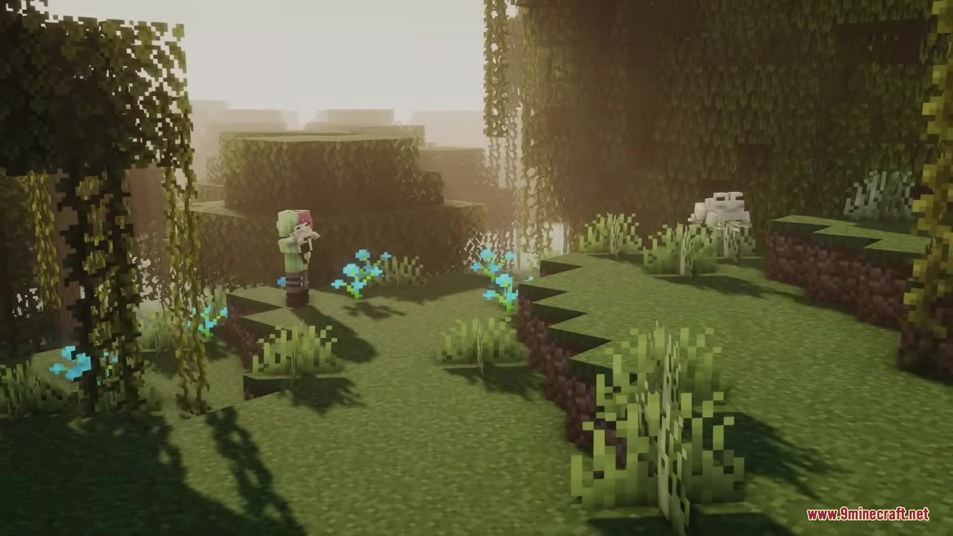 A player character holding a white frog in a lush swamp biome