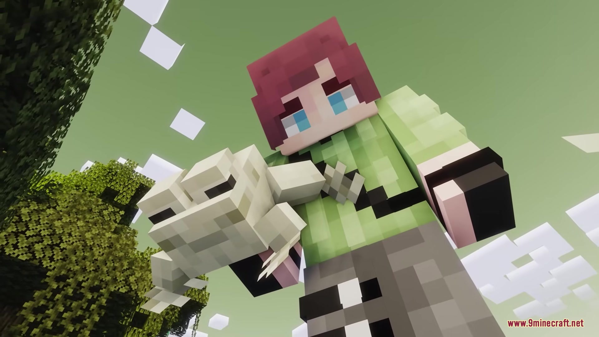 A Minecraft player character holding a white frog using a frog holder