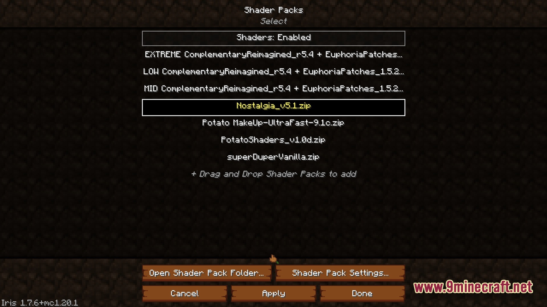 The shader pack selection menu featuring various graphical enhancement options for the Minecraft modpack