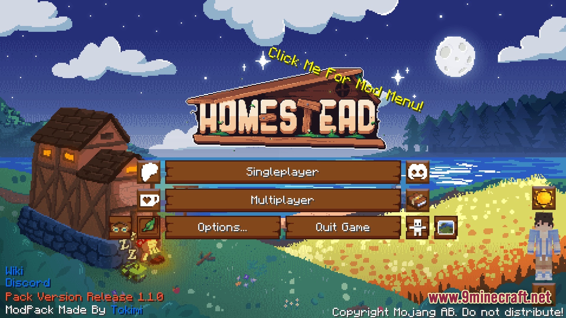The main menu of the Homestead modpack featuring custom pixel art and wooden interface buttons
