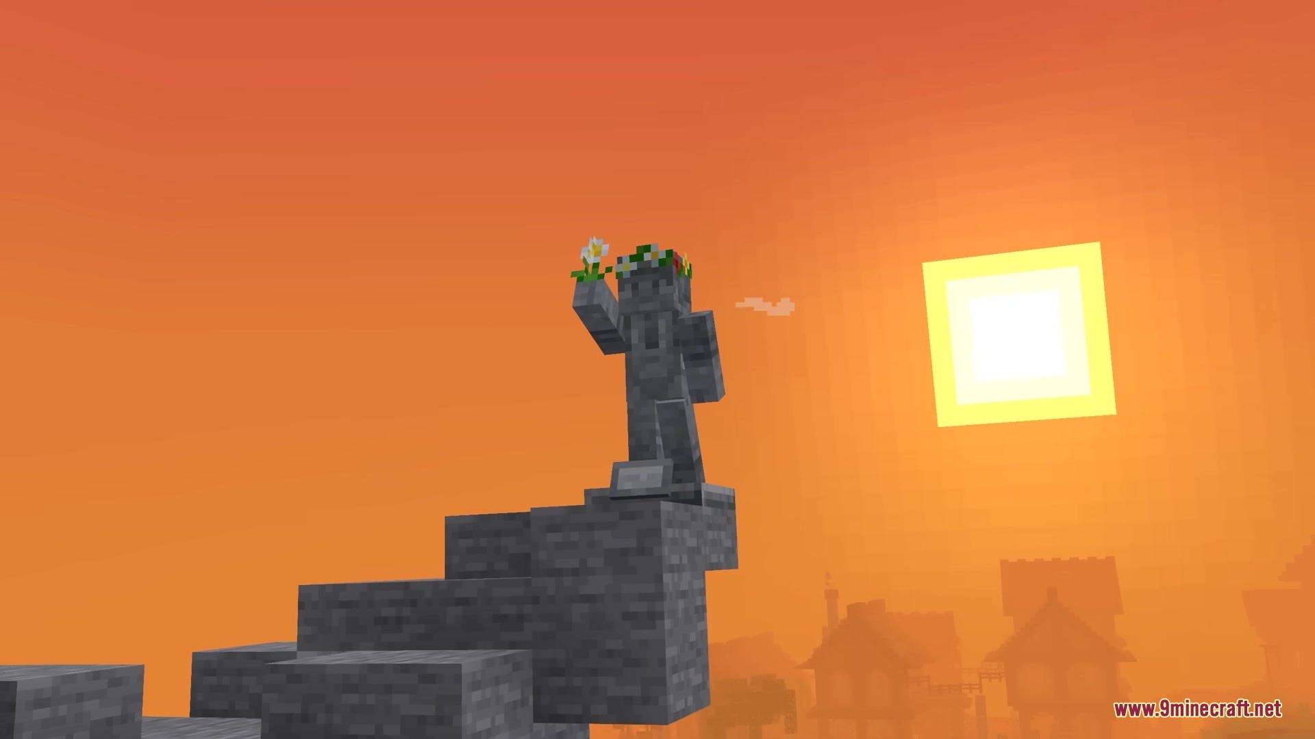 A Fossilized mob stands on a stone cliff holding a flower at sunset