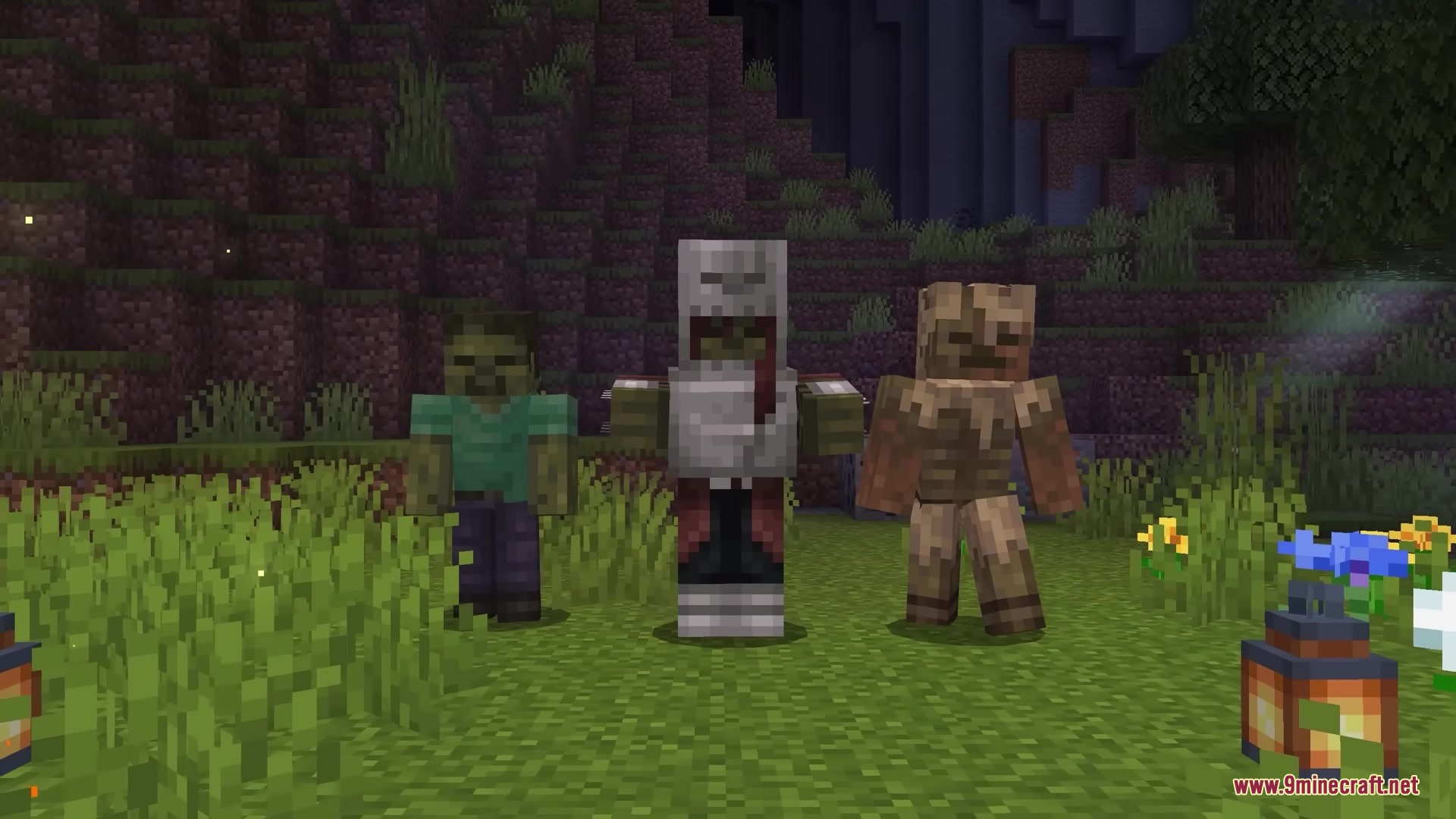 A zombie and two ancient human monsters stand in a dark forest clearing