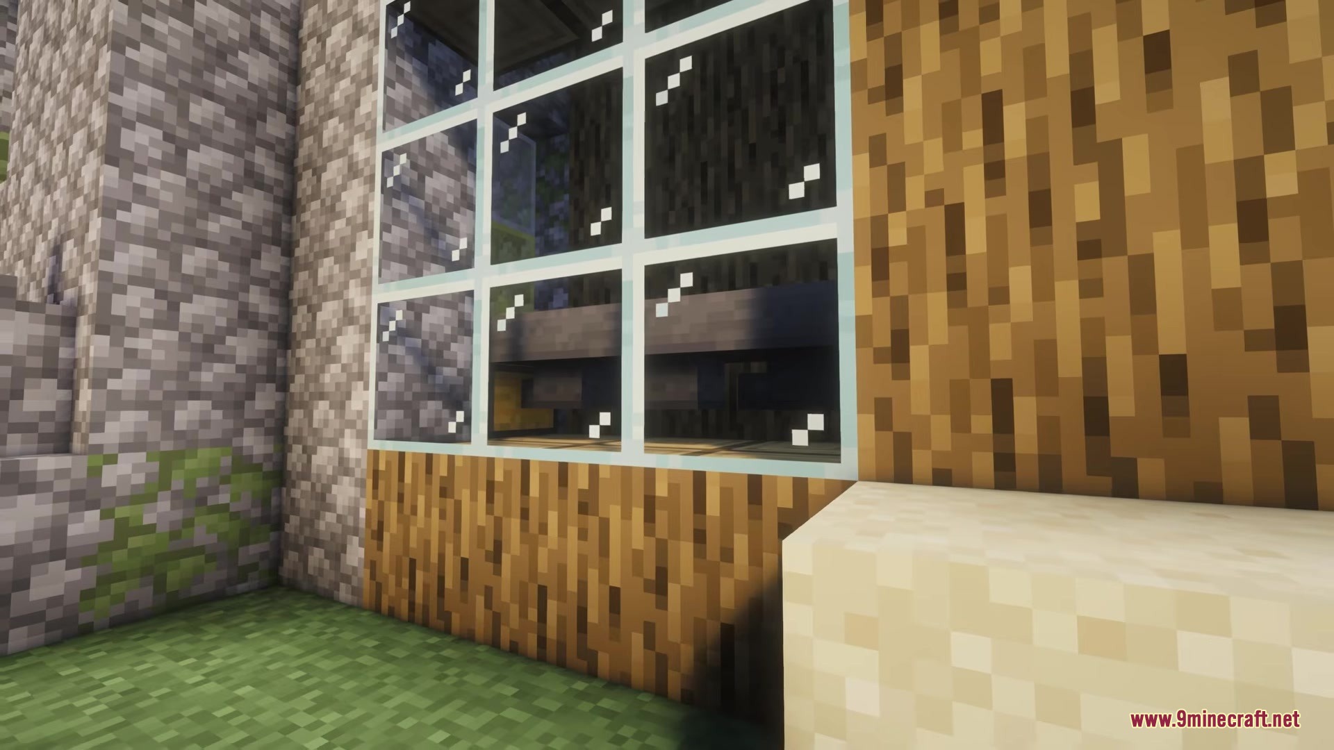 Hopper Plus Mod Screenshot 1 A view of hoppers inside a building through a grid of glass panes