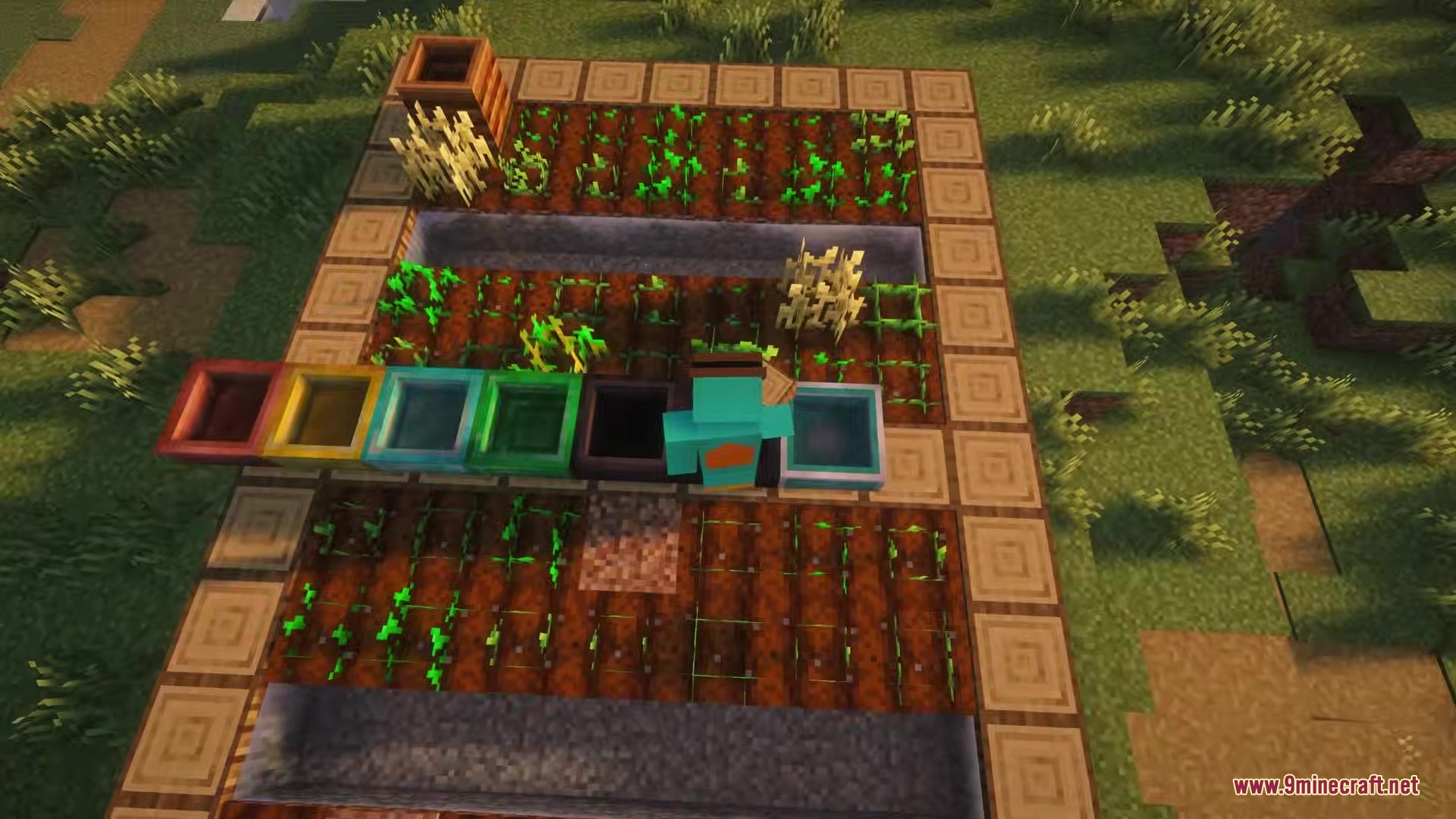 Hopper Plus Mod Screenshot 4 A player stands next to a row of colorful hoppers in a farm