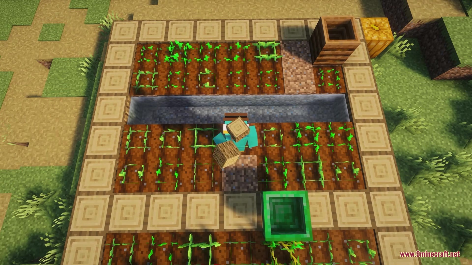 Hopper Plus Mod Screenshot 6 Player standing in a farm area with a green hopper and composter