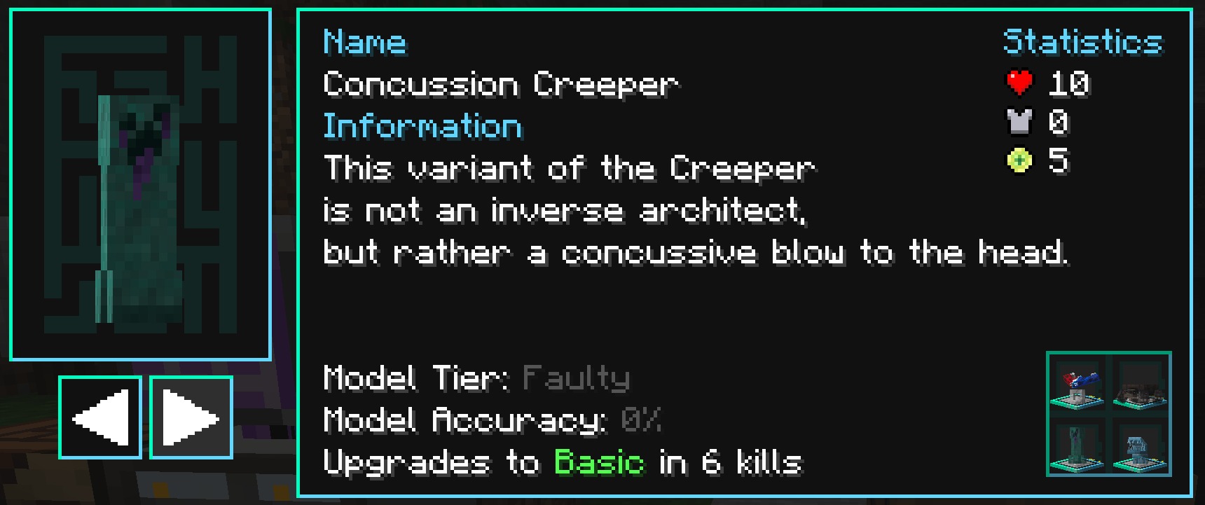 Hostile Neural Networks Extra Data Models Data Pack Screenshot 2 A digital interface showing statistics and lore for the Concussion Creeper model