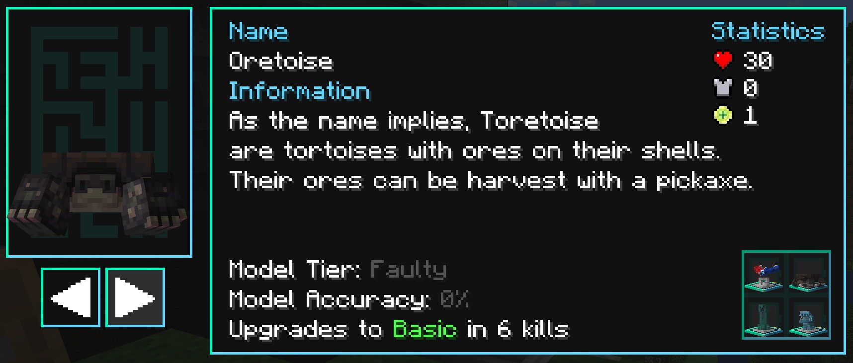 Hostile Neural Networks Extra Data Models Data Pack Screenshot 3 Minecraft interface displaying statistics and information for the Oretoise mob model