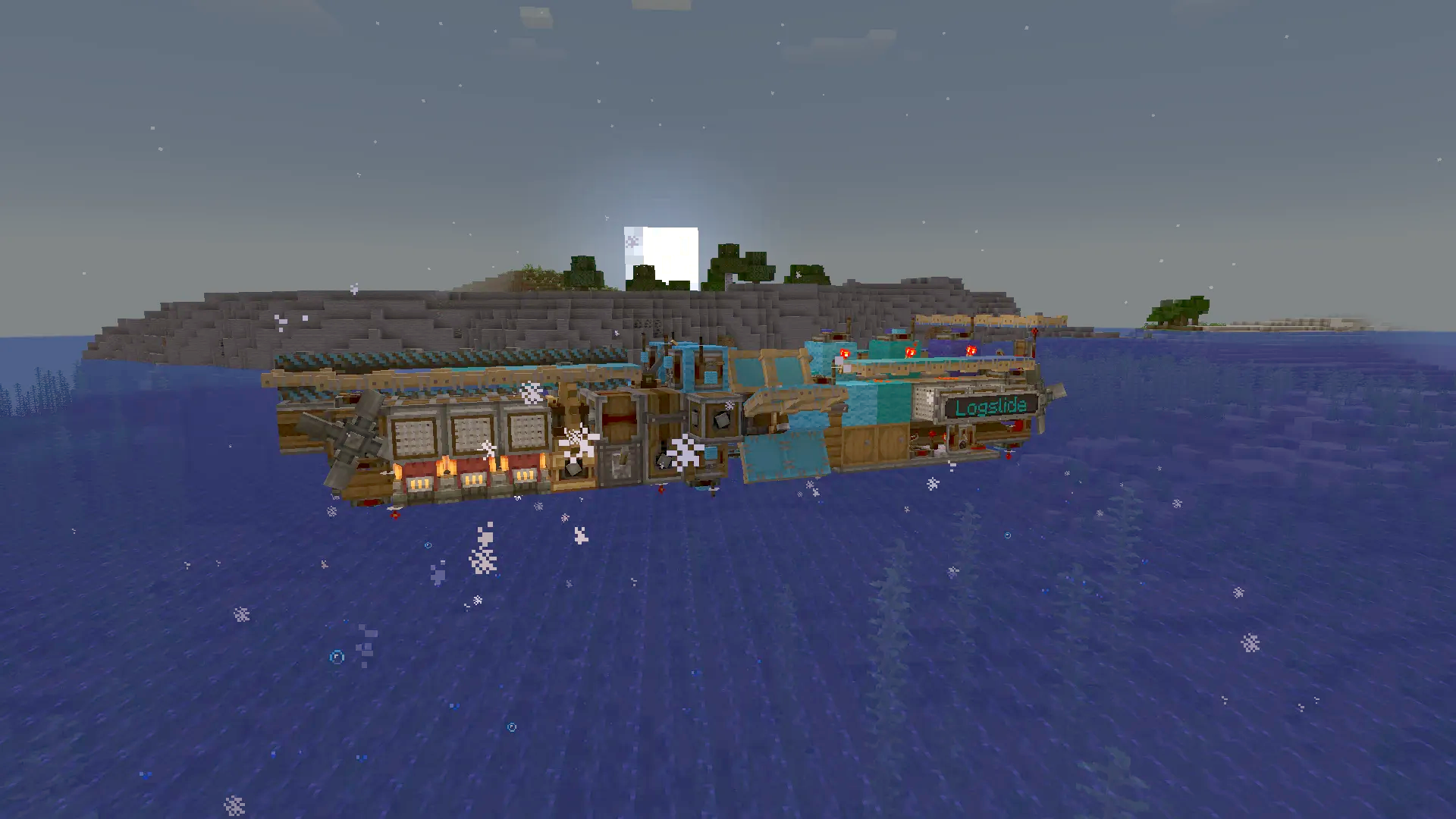 Hovercraft Logslide Schematic Screenshots 1 A mechanical hovercraft floating on the ocean under a bright full moon
