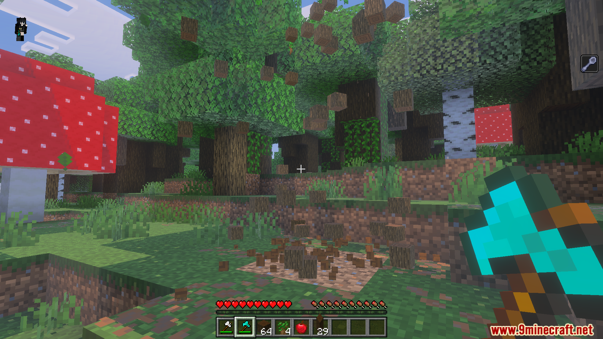 Player using an axe to chop down an entire tree at once
