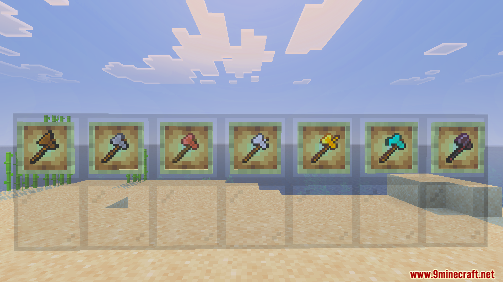 Howards Tree Capitator Plus Addon showcasing various axe tiers in item frames