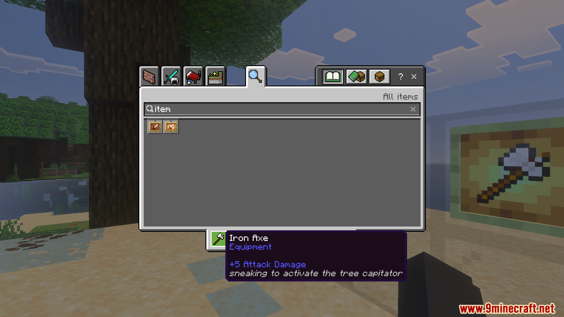 Iron axe tooltip in inventory explaining how to activate the tree capitator