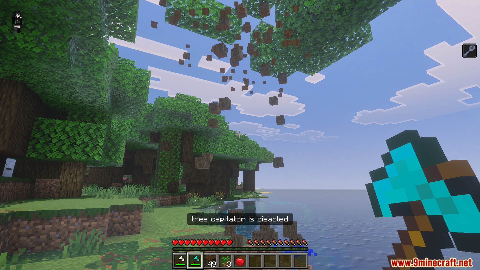 Many wood blocks fall from the sky after the tree is chopped