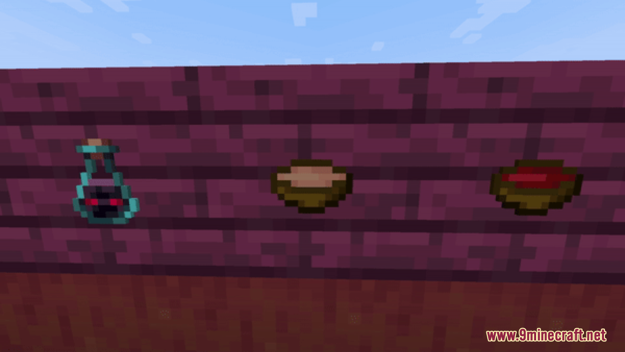 Hurkledurkle's Animated Items Resource Pack Screenshot 2 An ominous bottle and bowls of stew displayed on a purple wooden wall