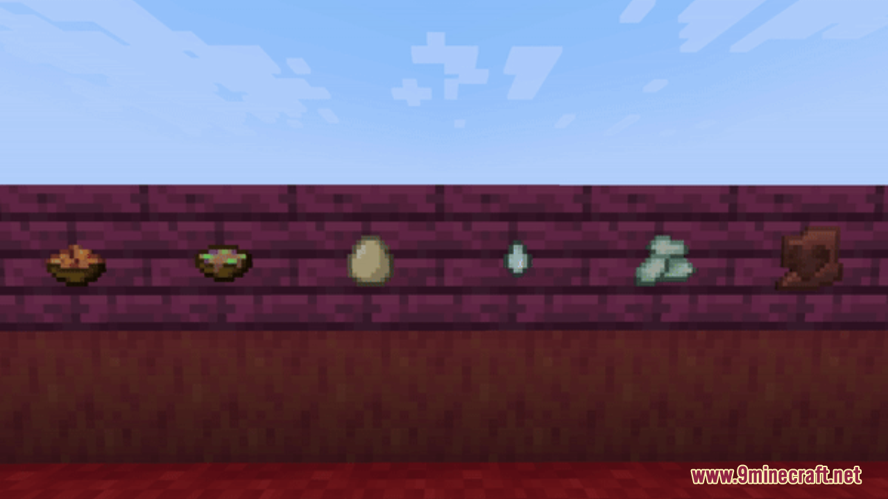 Hurkledurkle's Animated Items Resource Pack Screenshot 6 Several food and crafting items are shown on a purple wooden plank wall