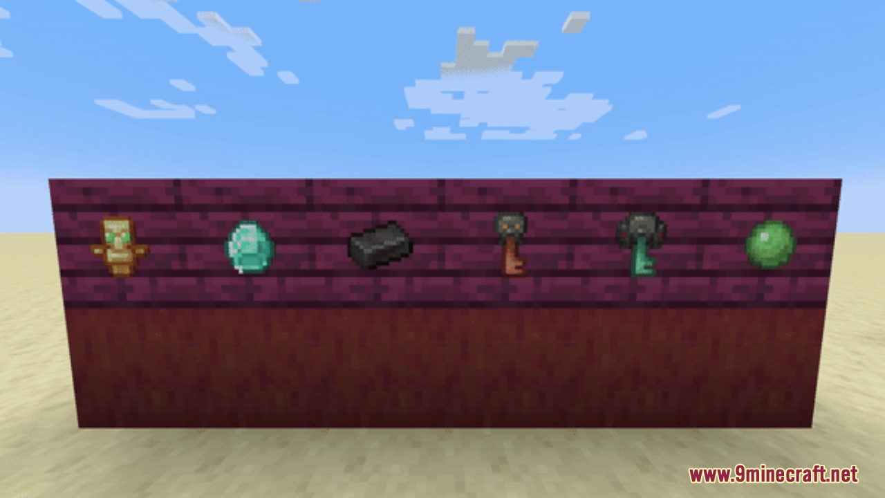Hurkledurkle's Animated Items Resource Pack Screenshot 8 Six animated items including a diamond and trial keys on a wooden wall