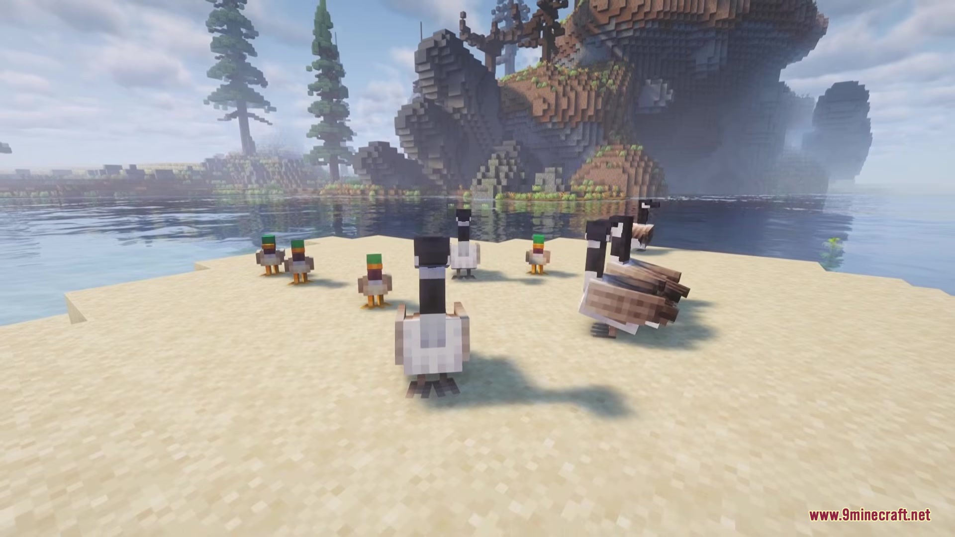 Several ducks and geese gather on a sandy shore in a Minecraft world