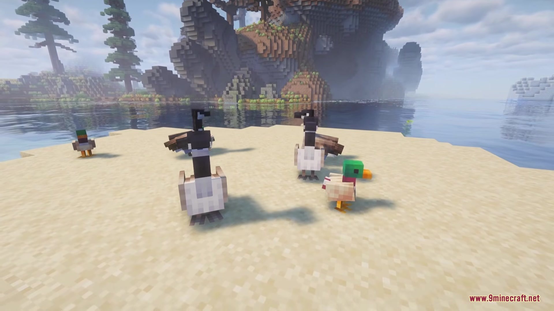 A close view of ducks and geese on a sandy beach in Minecraft
