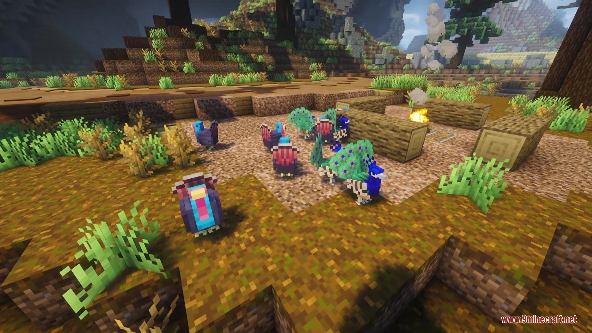 A group of colorful peacocks and turkeys gathered around a forest campfire