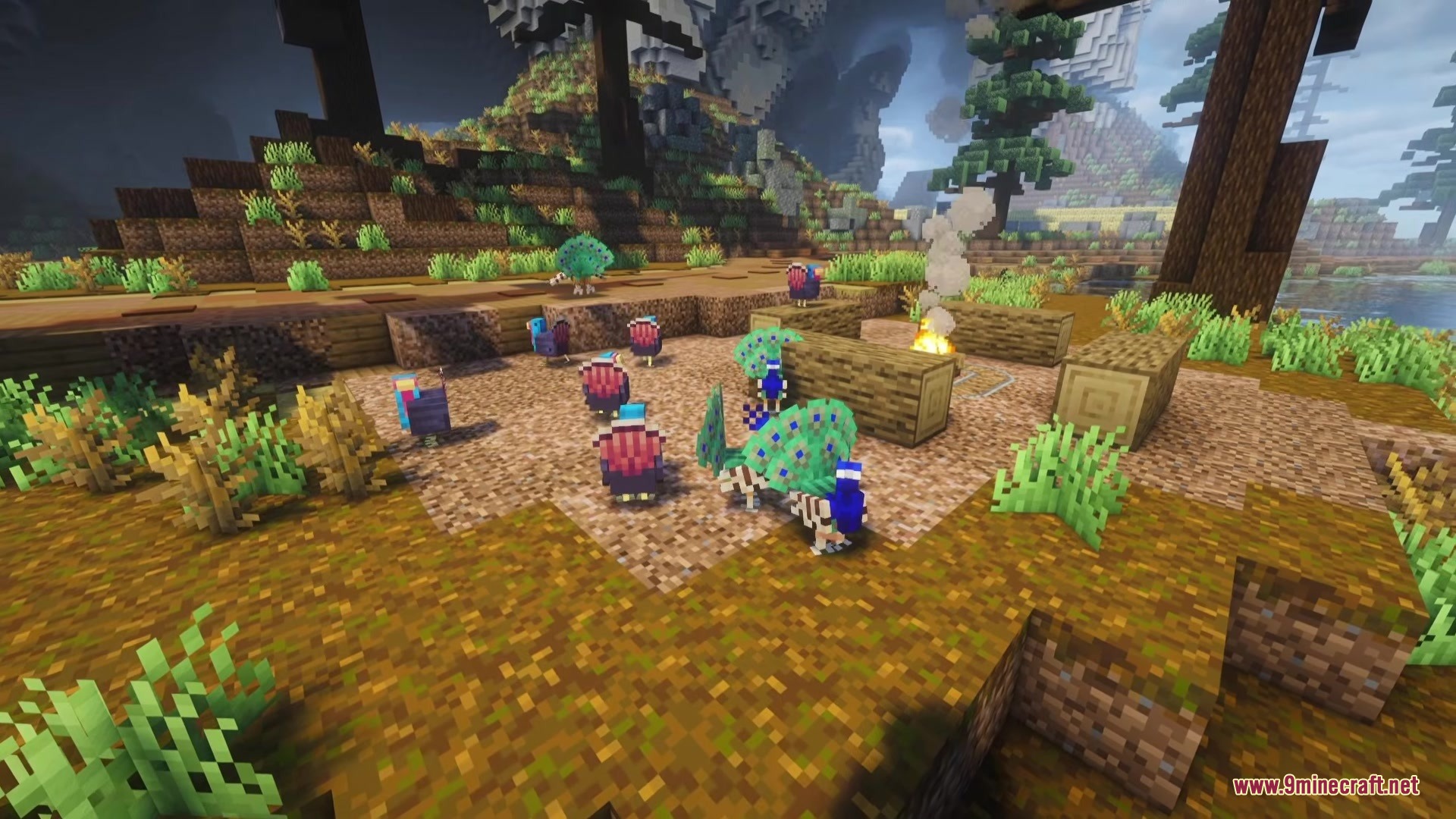 Peacocks and turkeys standing near wooden logs and a smoking campfire