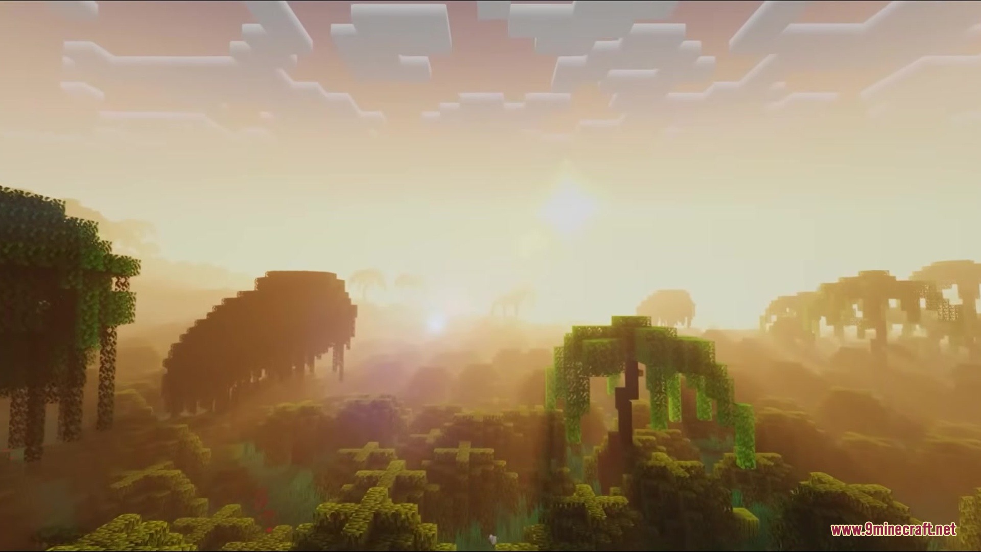 Hydrological Mod Screenshot 2 A beautiful sunset over a dense jungle biome with custom colored fog