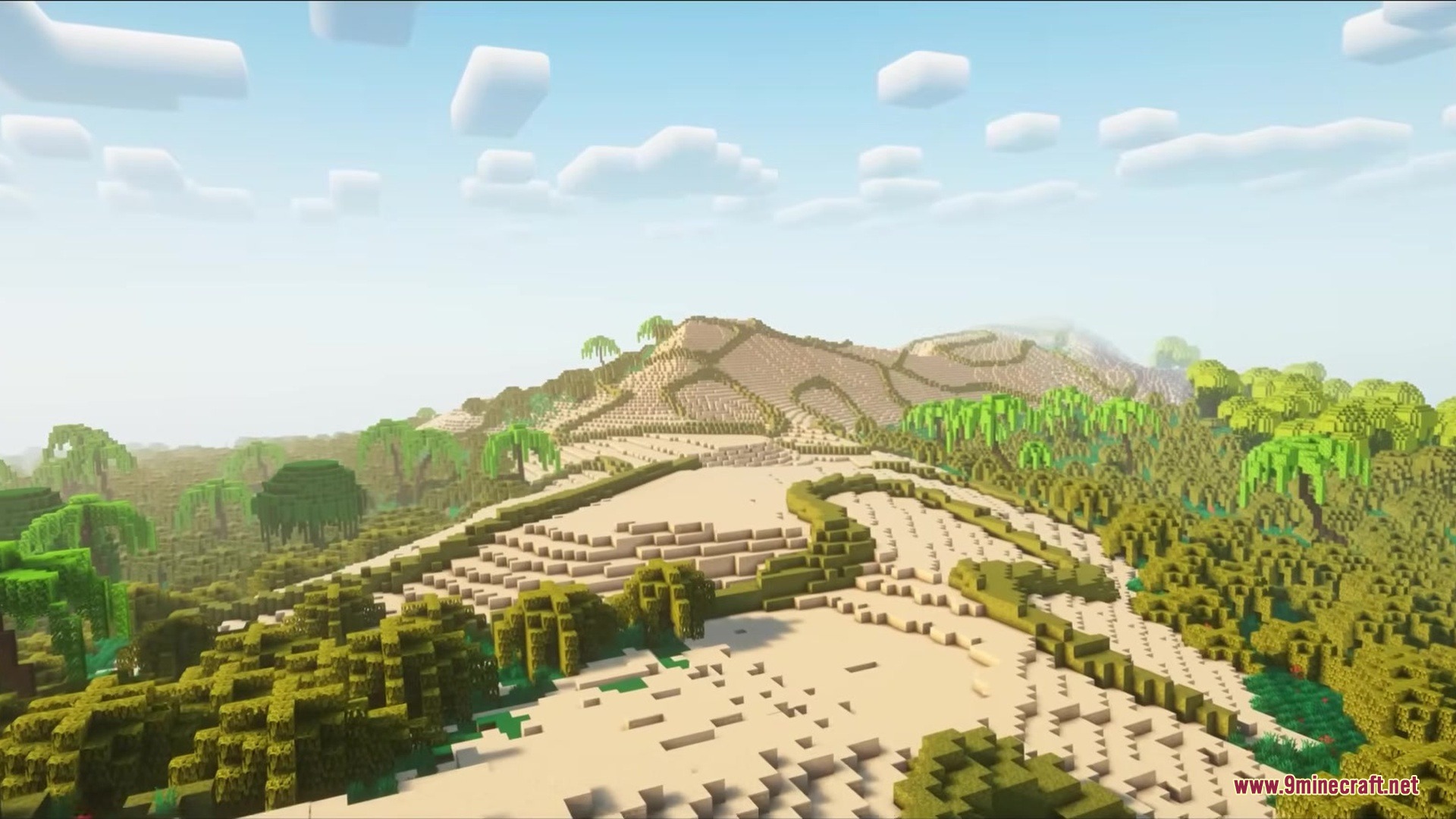 Hydrological Mod Screenshot 3 Custom world generation featuring terraced sand hills and unique palm trees in Minecraft