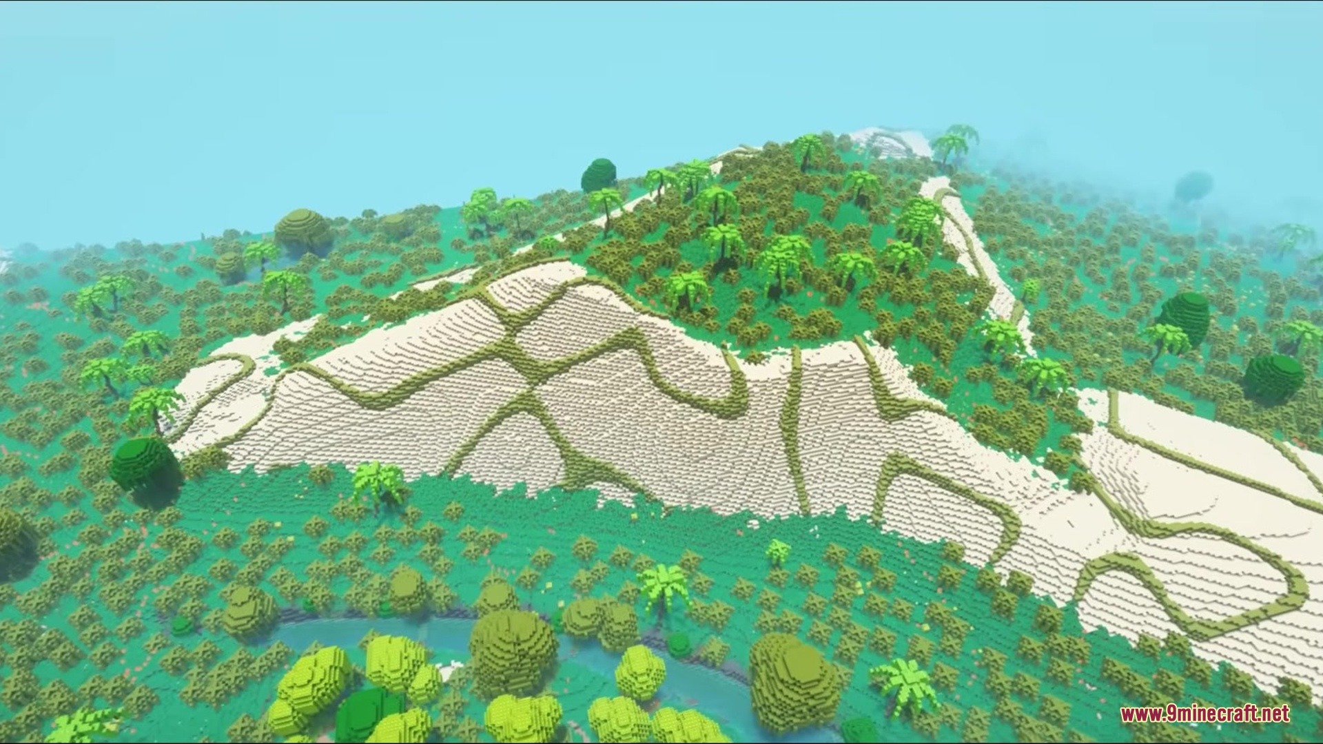 Hydrological Mod Screenshot 4 Aerial perspective of a massive terraced mountain covered in custom trees and grass