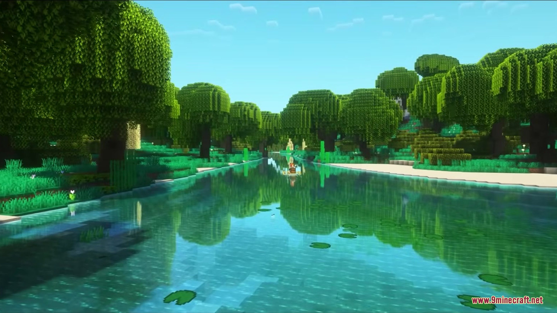 Hydrological Mod Screenshot 5 Vibrant green trees reflect in the clear water of a peaceful river