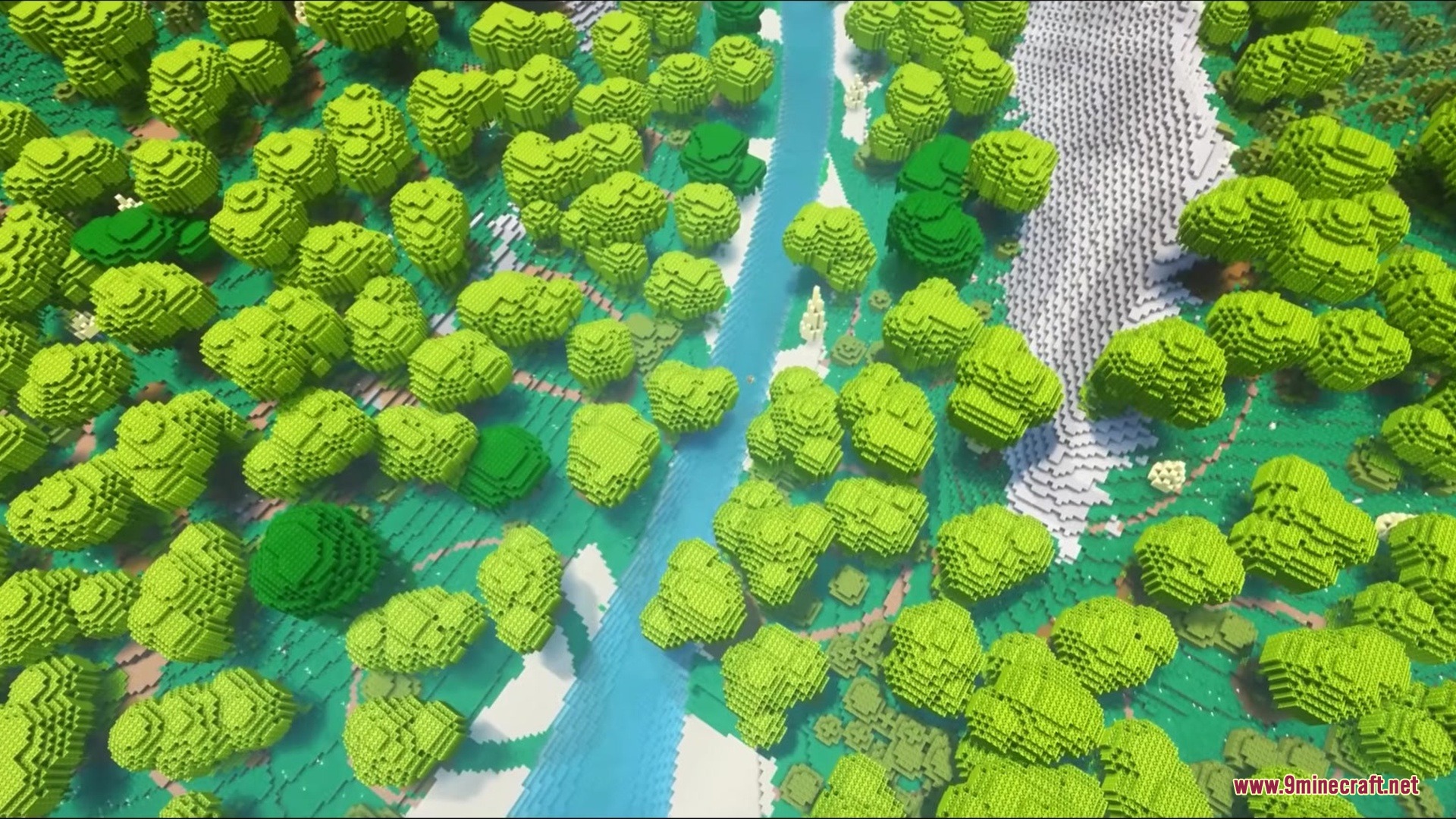 Hydrological Mod Screenshot 6 Aerial view of a winding river flowing through a dense custom forest biome