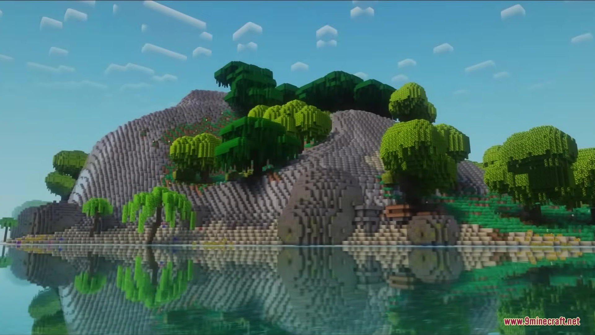 Hydrological Mod Screenshot 7 A large blocky mountain with custom trees reflected in a calm lake